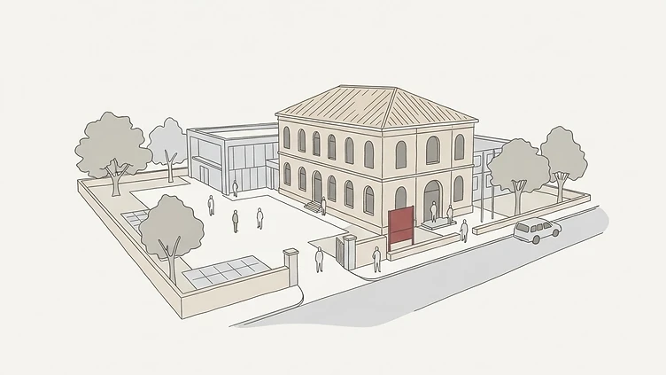 The colonial-era architecture and modern exterior signage of the Flacq District Council offices in Flacq District drawn as an editorial illustration