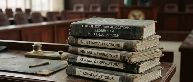 Stacks of unused financial allocation ledgers sit on a mahogany desk inside the Ikeja local government council secretariat in Lagos, Nigeria.