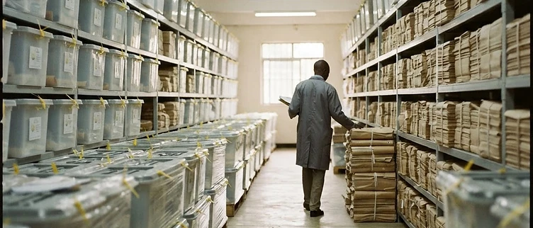 Stacks of uniform ballot boxes and electoral records are stored in a rigid, repeating pattern within the National Electoral Commission headquarters in Kigali.