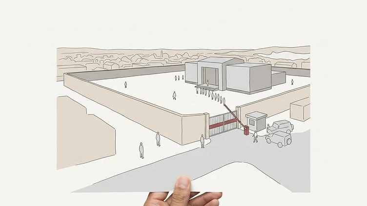 The perimeter wall and secure entrance gate of the Homa Bay Law Courts building in Homa Bay County drawn as an editorial illustration