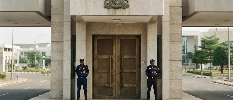 The imposing bronze-reinforced main entrance doors and official presidential seal at the Aso Rock Presidential Villa in Abuja.