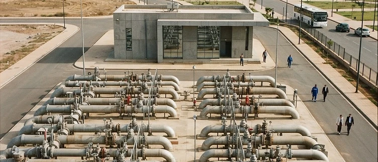 The industrial water pumping station and control manifold located on the outskirts of Oujda represents the central governance infrastructure for the region.
