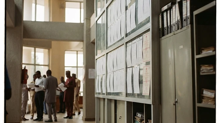 A low-angle view of the official electoral notice board and rows of filing cabinets at the INEC state headquarters in Bauchi, highlighting the administrative records governing party registration.