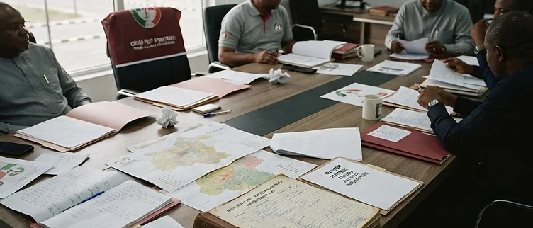 A set of political campaign strategy files and party endorsement ledgers sit atop a conference table inside the Osun State PDP headquarters in Osogbo, symbolizing the strategic realignment of political alliances.