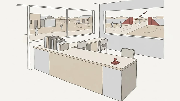 the vacant administrative dispatch desk and empty registration registers within the Marsabit County border management office in Marsabit County drawn as an editorial illustration