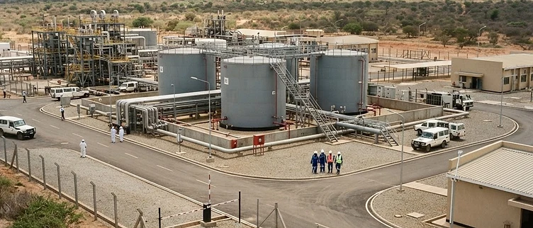 The industrial oil storage tanks and processing infrastructure at the Lokichar oil field in Turkana County, Kenya.