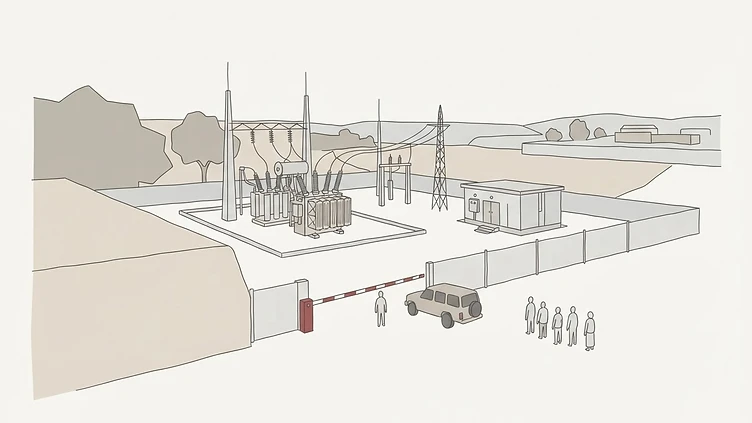 A modern ZESCO high-voltage electrical substation and transformer array with utility control housing in Chikankata District drawn as an editorial illustration