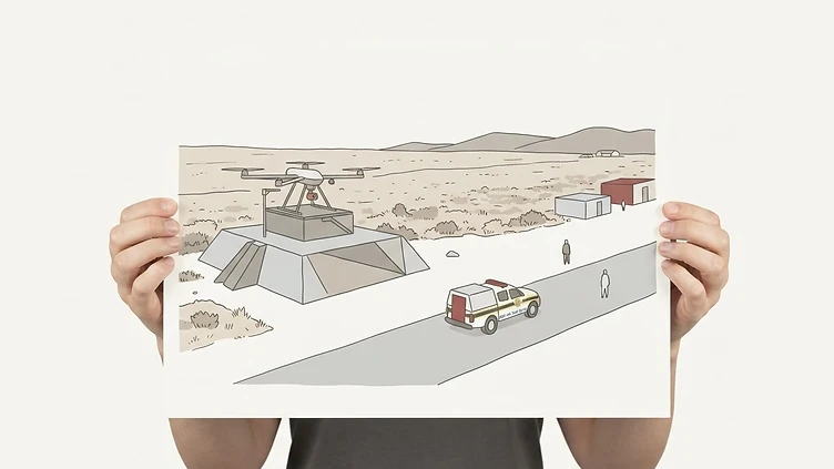 a sophisticated surveillance drone perched on a launch pad overlooking a South African Police Service patrol vehicle parked on an arid road in Western Cape Province drawn as an editorial illustration
