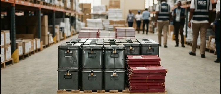 Locked election ballot canisters and stacked voter-roll ledgers sit in the National Electoral Commission logistics warehouse in Dar es Salaam.