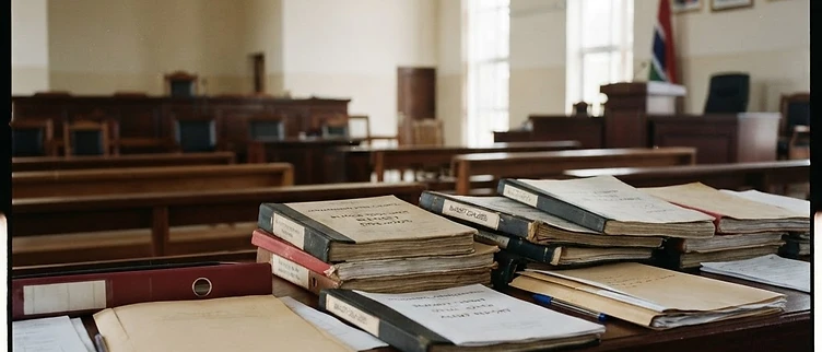 A stack of official budget ledgers and government audit records sits on a desk inside the Janjanbureh Area Council chamber in the Central River Region of The Gambia.