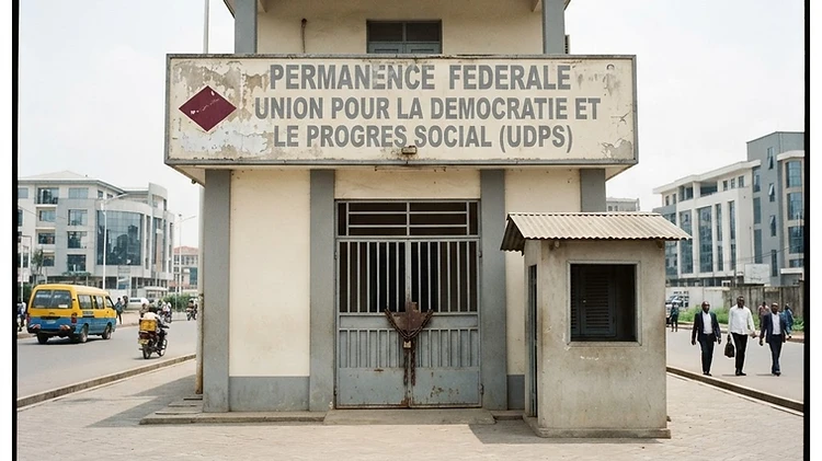 The closed and silent entrance of a political party's headquarters in Goma, featuring locked security gates and removed or obscured signage following government suspension directives.