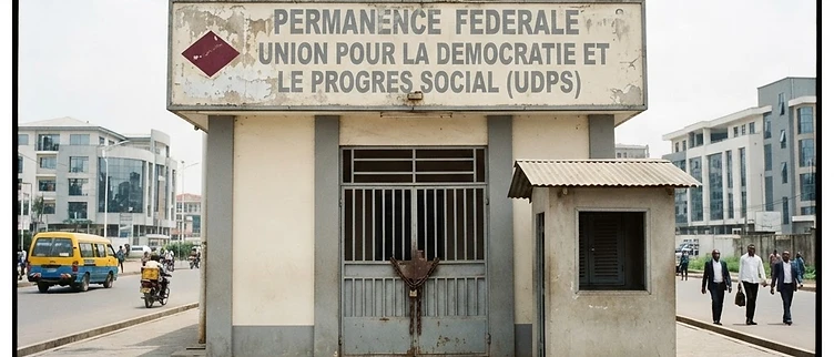 The closed and silent entrance of a political party's headquarters in Goma, featuring locked security gates and removed or obscured signage following government suspension directives.