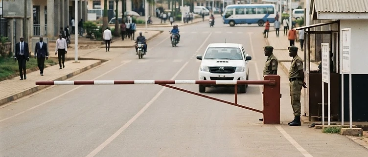 The official provincial security checkpoint barrier and administrative signage stand across the main road leading into Rumonge city in Burundi.