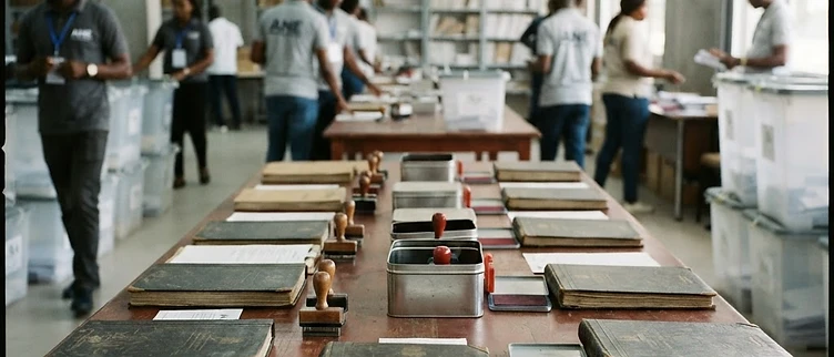 Official electoral verification stamps and voter registration ledgers are organized on a sorting table inside the National Elections Authority headquarters in Bangui.