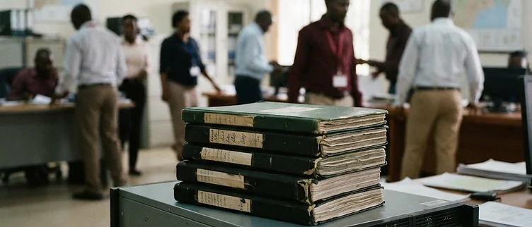 A stack of official data registry ledgers sits on top of a digital server terminal inside the Kagadi District planning office in Uganda.