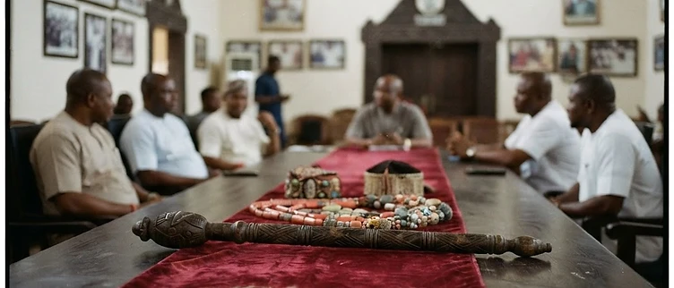 A traditional staff of office and ceremonial regalia are placed on a table inside the palace council chamber in Uromi, Edo State.