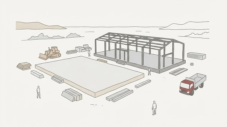 The foundation slab and structural steel frame of an unfinished municipal school construction site in Cuanza Sul Province drawn as an editorial illustration