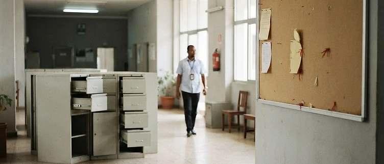 Rows of empty metal filing cabinets and a vacant public notice board stand in the main administrative foyer of the Dixinn Municipal Council building in Conakry.