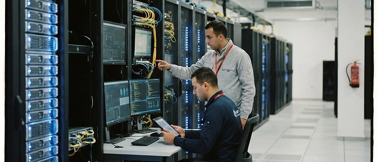The rack-mounted server blades and fiber-optic diagnostic consoles of the central computing core housed inside the Oran Artificial Intelligence Hub in the Es-Senia industrial zone.