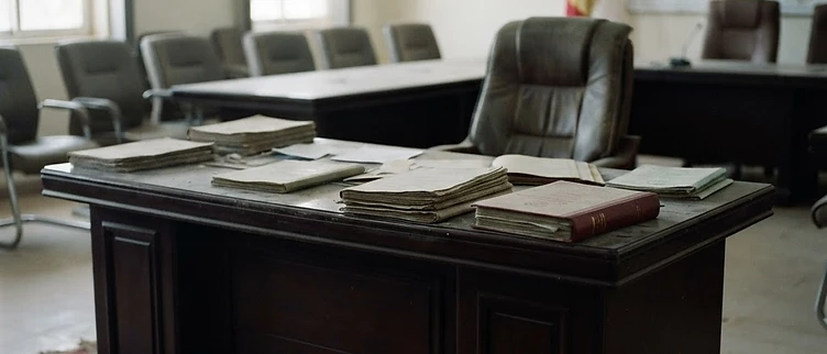 A collection of abandoned government records and planning documents sits on a desk inside the provincial administrative office in Pala, Mayo-Kebbi Ouest.