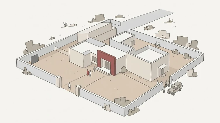 The administrative signage and entrance facade of the Isoka District Council building in Isoka District drawn as an editorial illustration