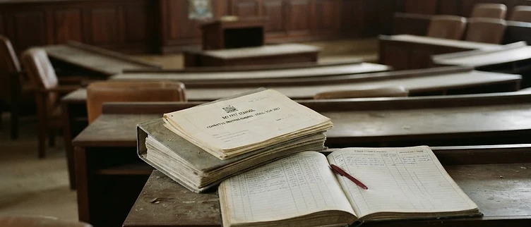 Dust-covered committee agendas and budget documents are stacked on desks inside the Bo City Council chamber in Bo, Sierra Leone.