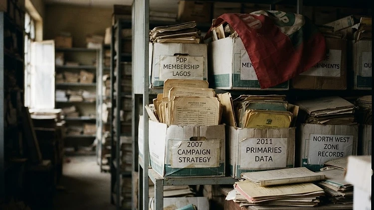 Faded political party membership records and old campaign strategy folders sit in stacks on shelves inside the PDP administrative secretariat in Abuja.
