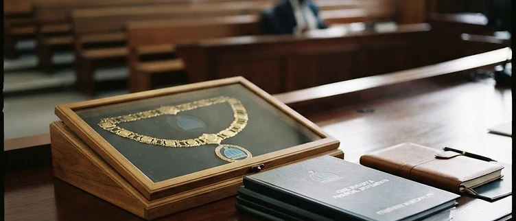 The official civic records and mayoral regalia sit on a council table inside the Durban City Hall in the eThekwini Metropolitan Municipality.