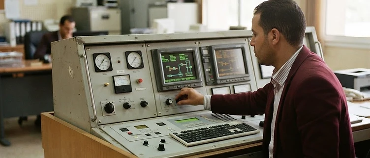 A municipal utility control console displays centralized monitoring data within a regional government office in the Marrakech-Safi region of Morocco.