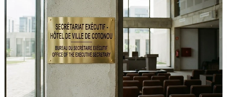 A brass nameplate for the Executive Secretary is mounted on the wall of the Cotonou City Hall assembly chamber above rows of empty council chairs.