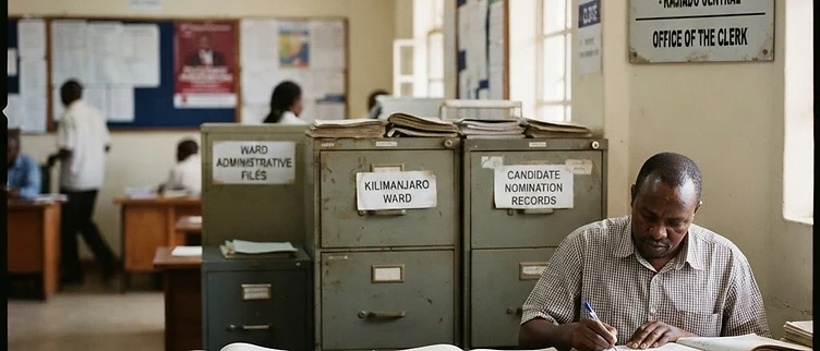 A collection of ward-level administrative files and official candidate recruitment ledgers sits inside the Kajiado County ward office headquarters in Kajiado, Kenya.