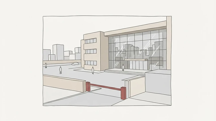 The modern glass-and-stone facade of the Souss-Massa Regional Council headquarters in Agadir, featuring official insignia and glass panels reflecting the surrounding administrative district in Souss-Massa Region drawn as an editorial illustration
