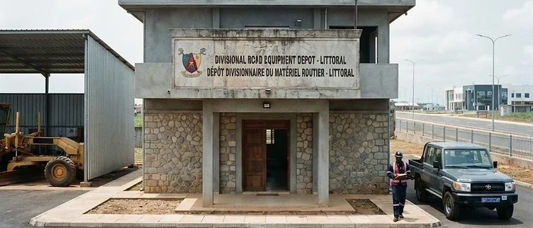 The official entrance and stone-carved nameplate of a road maintenance depot in the Littoral Region, Cameroon.