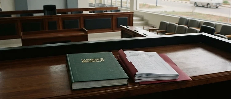 An official municipal ledger and candidate nomination registers sit on an empty council committee desk in the Kasenengwa District Council chamber.