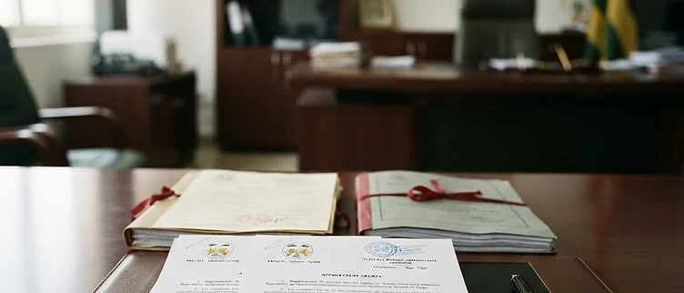 Official government decrees and administrative policy documents sit on a wooden desk inside the Plateaux Regional Administration headquarters in Atakpamé.