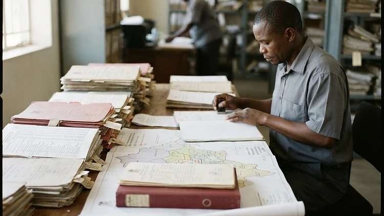 Stacks of official Southern Province development project files and stamped budget documents rest on a clerk's table in the Choma District Council administrative office.