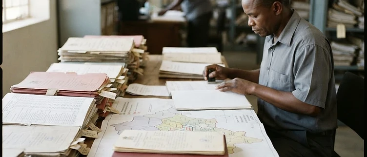 Stacks of official Southern Province development project files and stamped budget documents rest on a clerk's table in the Choma District Council administrative office.