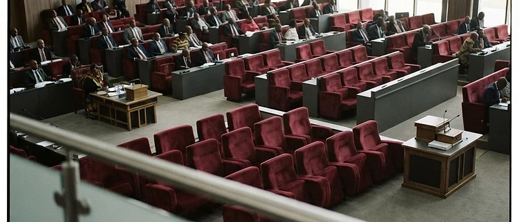The empty wooden desks and reserved seating area for independent parliamentarians inside the National Assembly chamber in Lilongwe, Malawi.