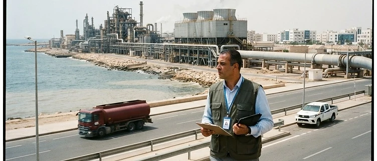 The industrial phosphate processing facility and chemical pipelines sit along the coastline in the Gabes Governorate of Tunisia.