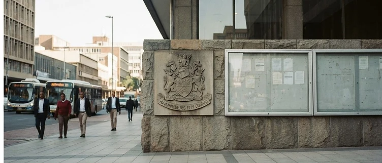The formal stone council seal and vacant public notice boards sit at the entrance of the Johannesburg Metropolitan Centre in Braamfontein.