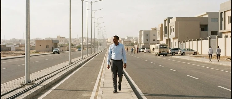 Newly installed LED streetlights and utility conduits line a paved development corridor in the Hayableh district of Balbala, Djibouti City.