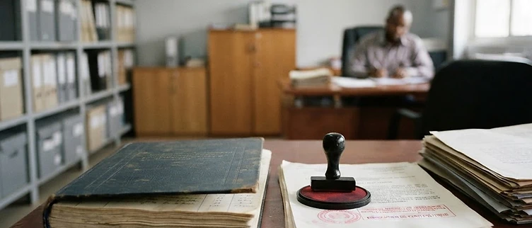 An official registry ledger and rubber-stamped certification documents sit on a desk inside the Ministry of Territorial Administration in Conakry, Guinea.