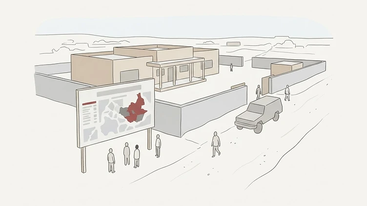 a provincial voter registry notice board placed outside an official administrative building in Warrap State drawn as an editorial illustration