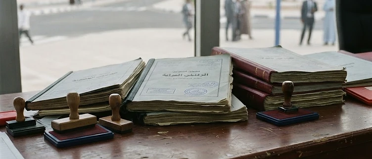 Official municipal ledger books and government registration stamps of the El Insaf party sit on a mahogany desk inside a commune council meeting chamber in Nouakchott, Mauritania.