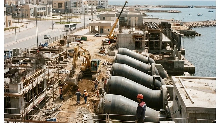 Massive steel water intake pipes and heavy industrial equipment occupy the Marsa Ben Mehidi desalination plant site in Tlemcen Province.