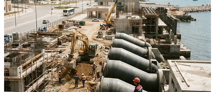 Massive steel water intake pipes and heavy industrial equipment occupy the Marsa Ben Mehidi desalination plant site in Tlemcen Province.