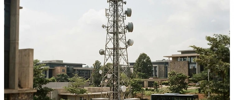 A modern telecommunications relay tower stands within the Kigali Innovation City infrastructure park in Rwanda.