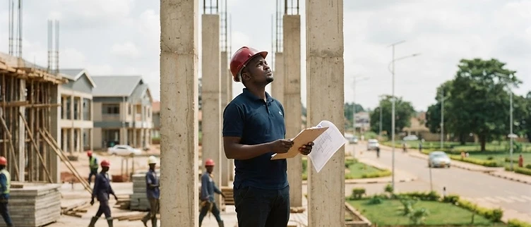 The framework of a partially constructed community health centre project funded by the Northern Uganda Social Action Fund stands prominently in Mukono District.