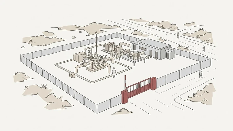 a natural gas pipeline manifold and control valves at the Kasa-1X well site in Mtwara Region drawn as an editorial illustration