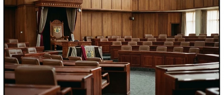 The Speaker's chair and rows of vacant seating benches sit within the legislative chamber at the Parliament House in Accra, Ghana.